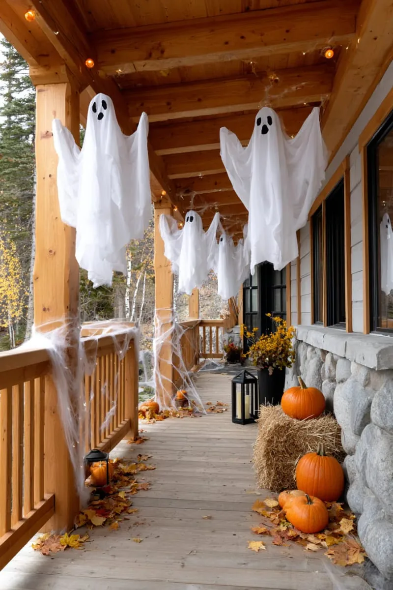 21 Halloween Porch Decorations: Ideas For A Unique Festive Entryway 83 hanging ghosts swirling in the breeze 1