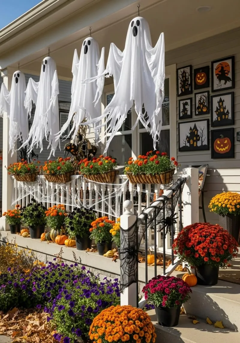 21 Halloween Porch Decorations: Ideas For A Unique Festive Entryway 86 hanging ghosts swirling in the breeze 1