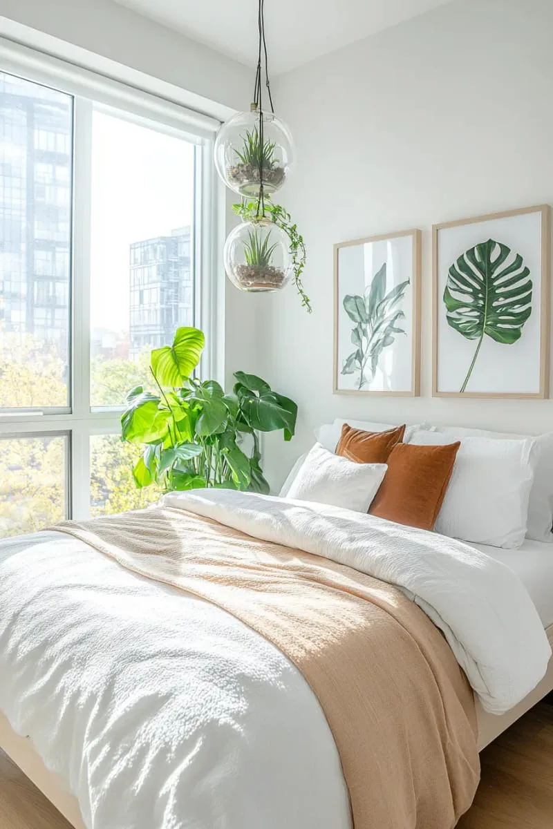 hanging glass terrariums filled with air plants near a bedroom window 1