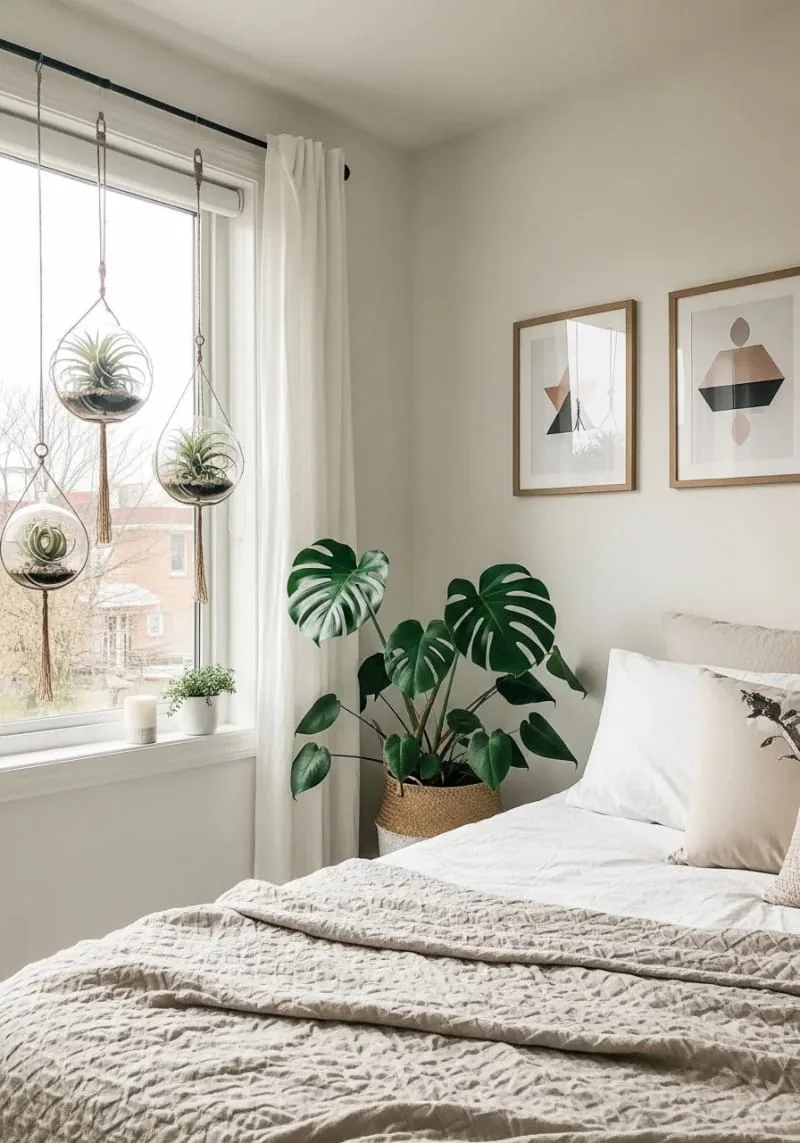 hanging glass terrariums filled with air plants near a bedroom window 1
