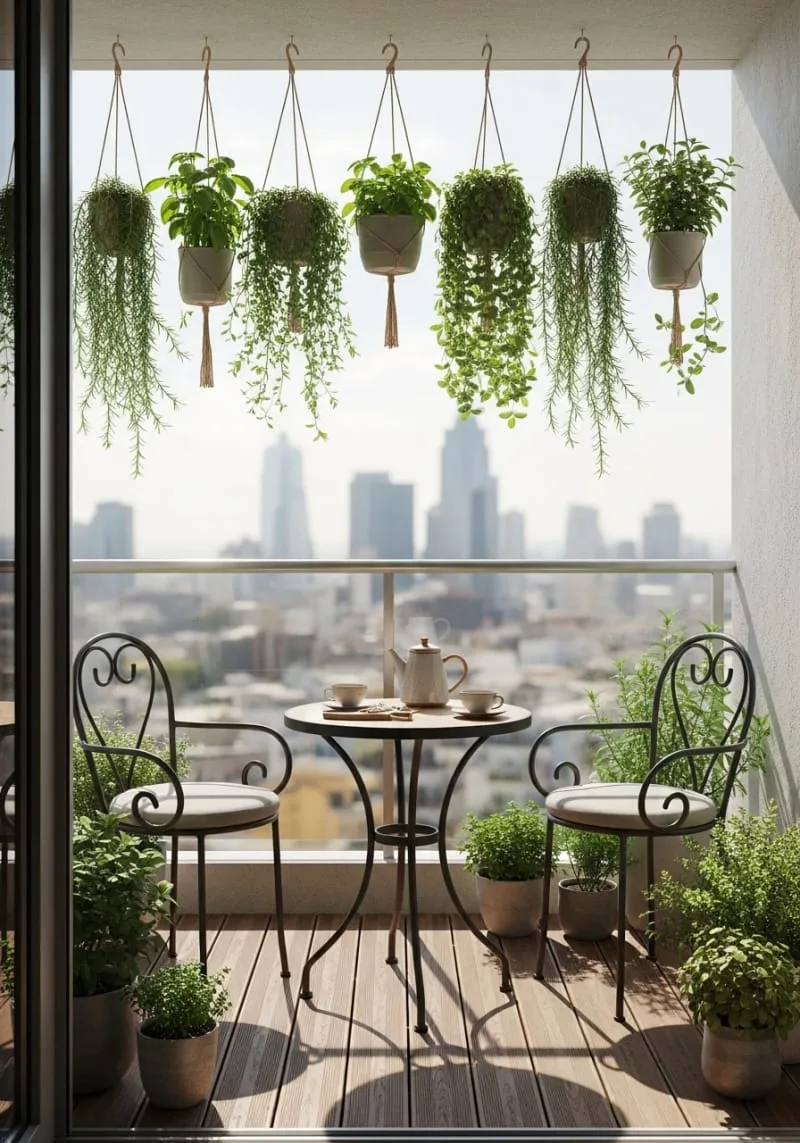 hanging herb garden above a cozy café bistro set 1