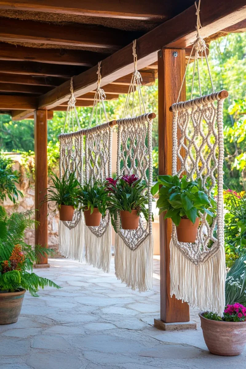27 Unique Backyard Privacy Designs for A Serene Outdoor Oasis 45 hanging macramé screens dotted with air plants 1