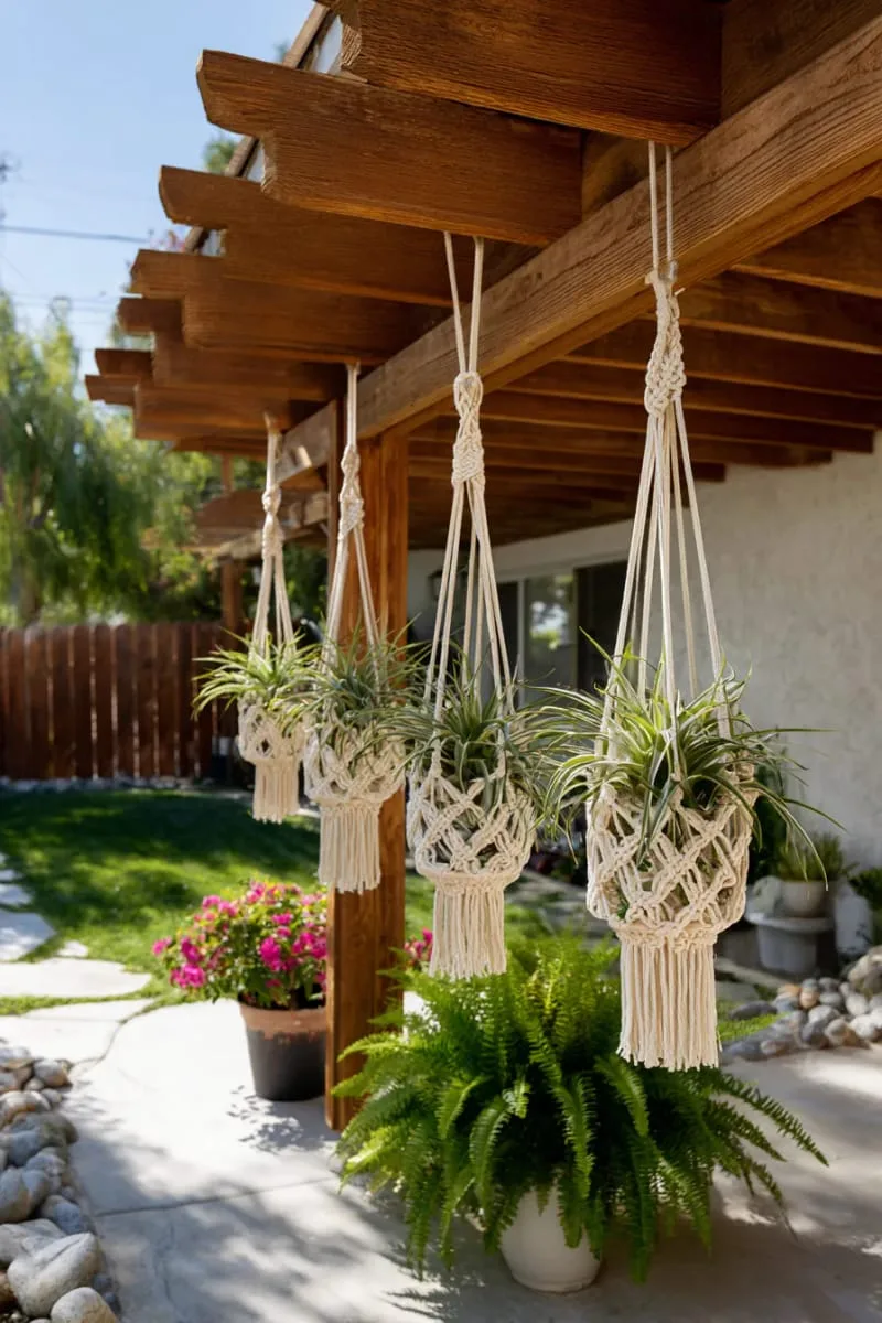 27 Unique Backyard Privacy Designs for A Serene Outdoor Oasis 46 hanging macramé screens dotted with air plants 1
