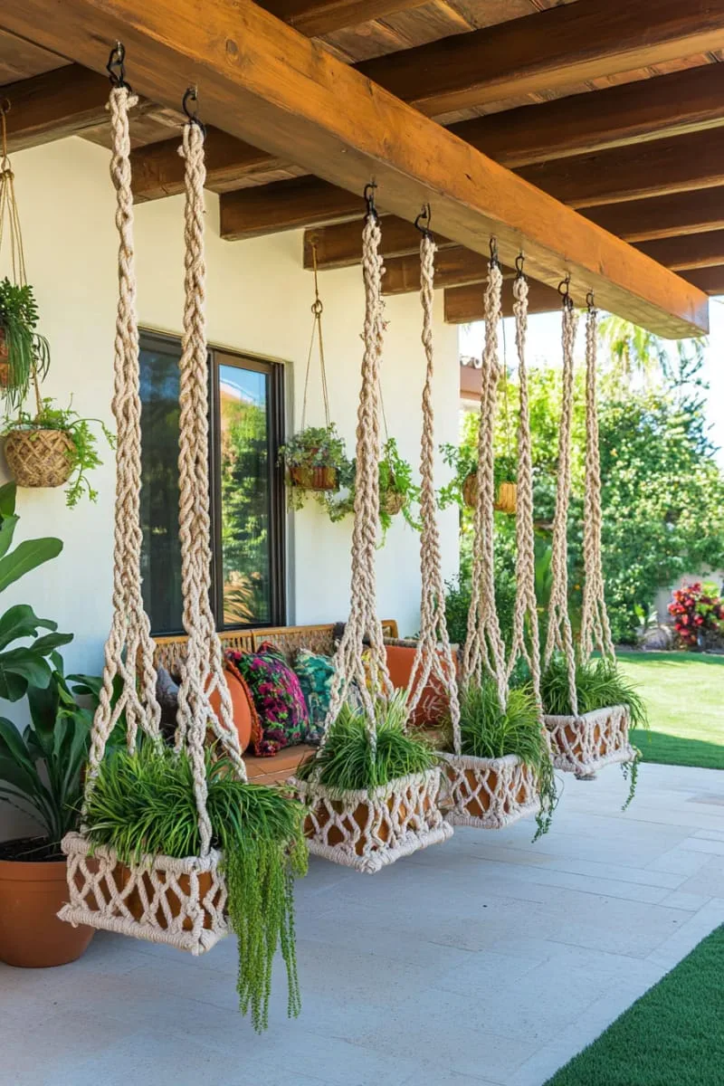 27 Unique Backyard Privacy Designs for A Serene Outdoor Oasis 47 hanging macramé screens dotted with air plants 1