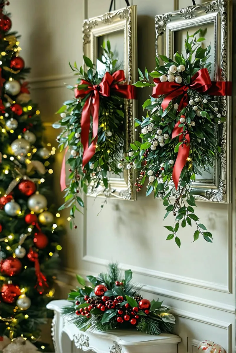 hanging mistletoe bouquets in ornate silver frames 1
