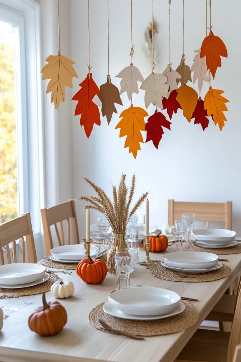 hanging paper leaf garlands above the dining table for whimsical decor 1