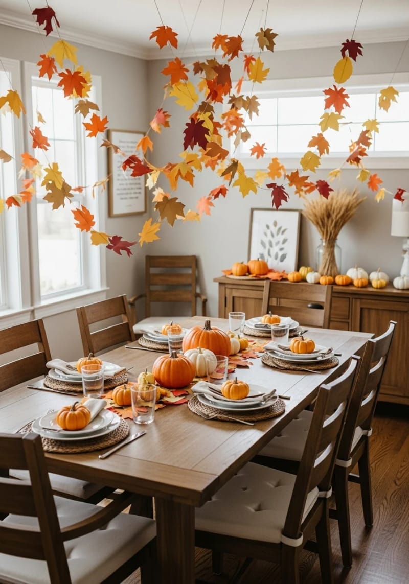 hanging paper leaf garlands above the dining table for whimsical decor 1