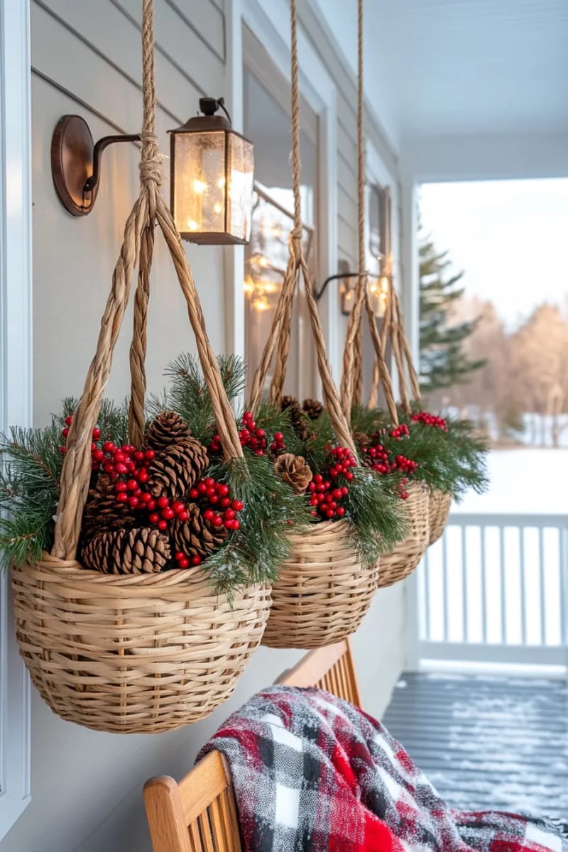 31 Outdoor Christmas Decorations: Ideas for a Magical Welcome 9 hanging pinecone and berry baskets under the porch light 1