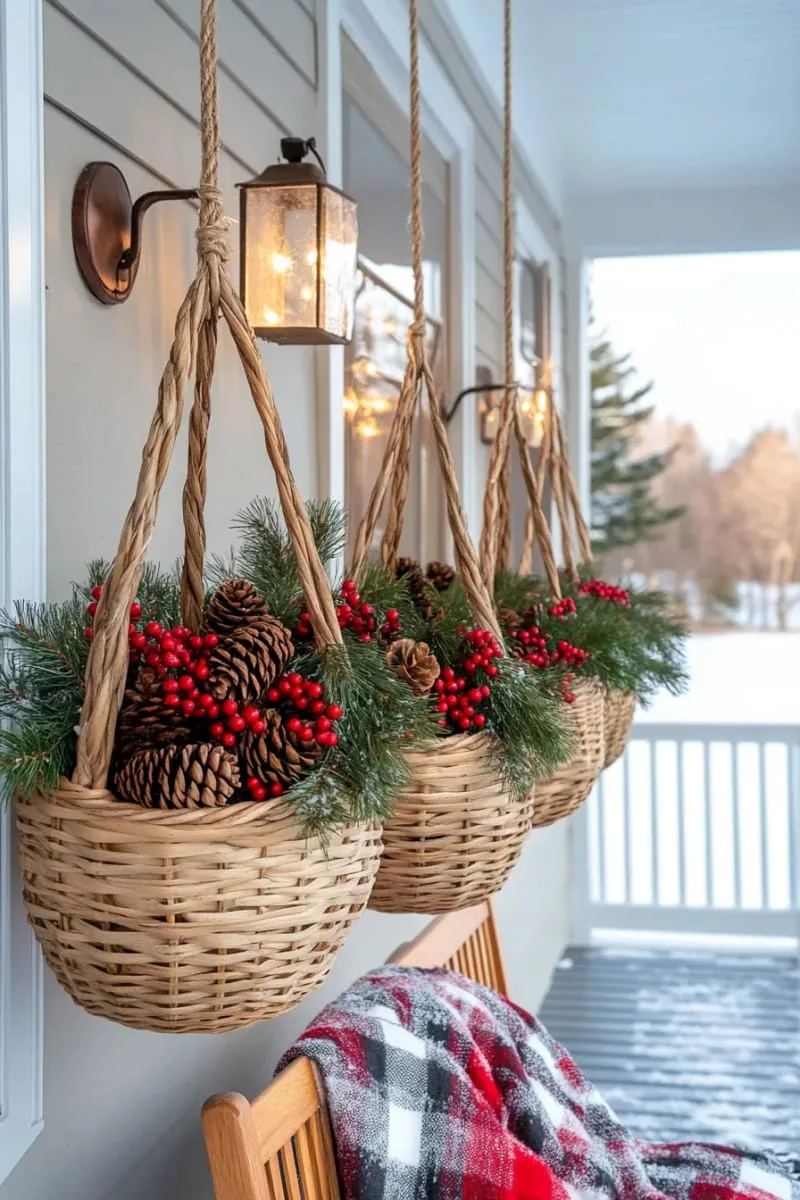 hanging pinecone and berry baskets under the porch light 1