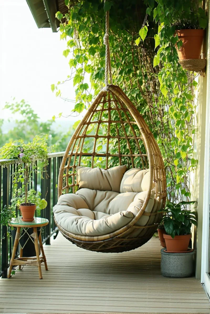 hanging rattan chair surrounded by cascading balcony plants 1