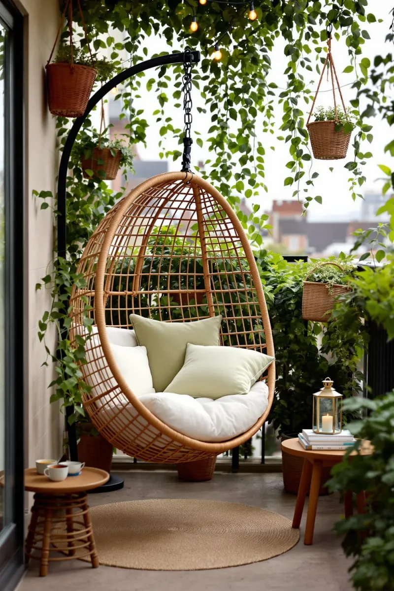 hanging rattan chair surrounded by cascading balcony plants 1