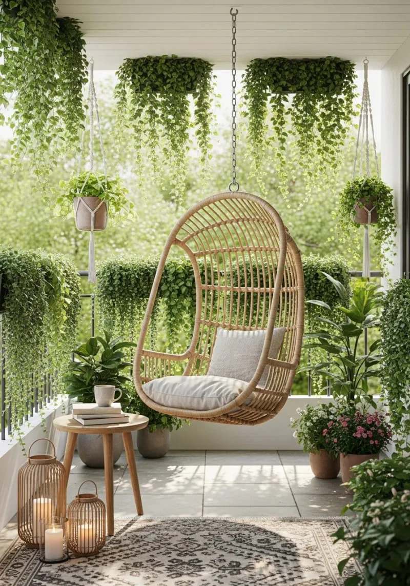 hanging rattan chair surrounded by cascading balcony plants 1