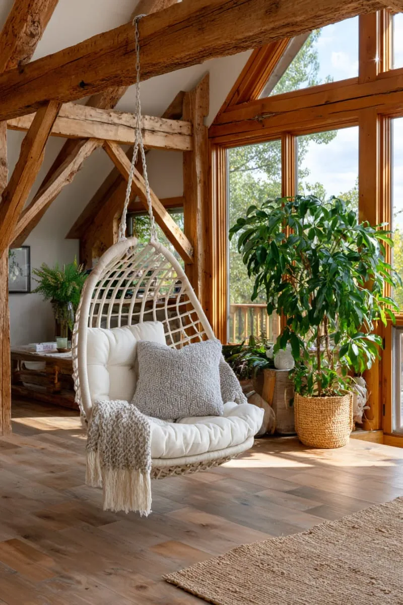 29 Unique Barndominium Interiors For Your Next Makeover 45 hanging swing chair in a light-filled corner for relaxation 1
