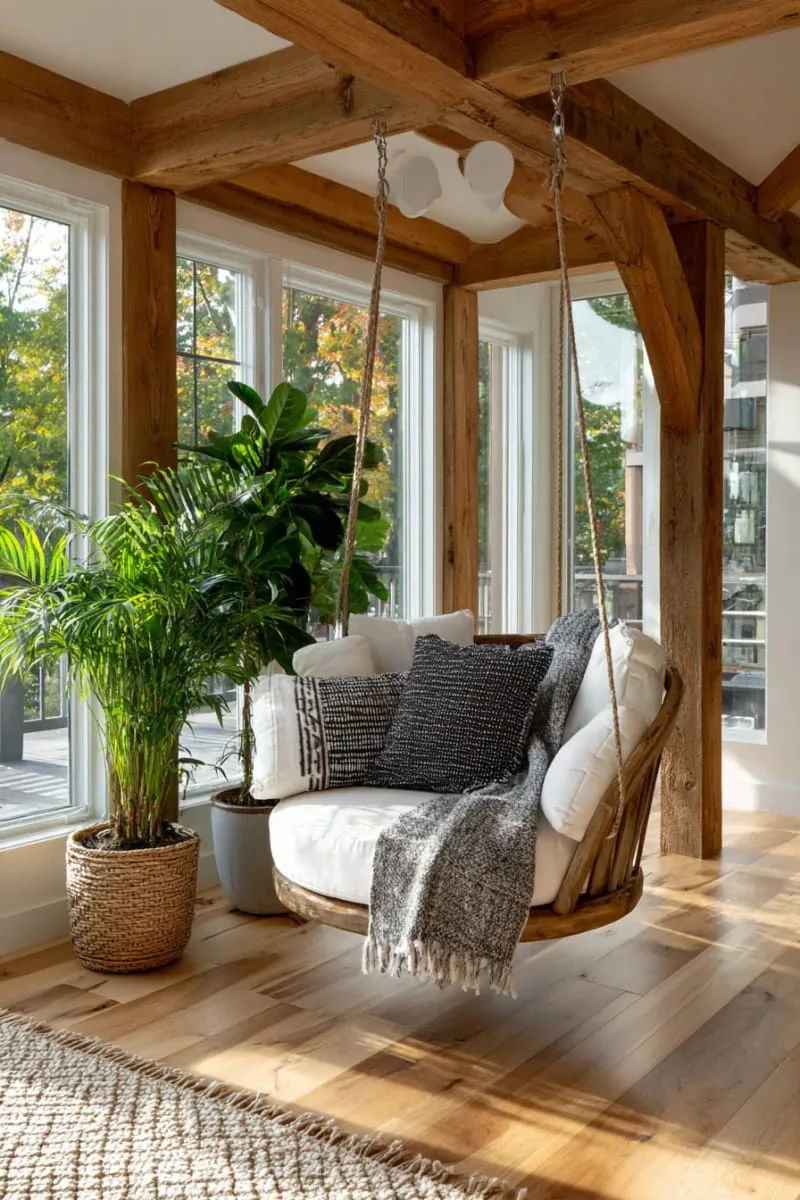 29 Unique Barndominium Interiors For Your Next Makeover 46 hanging swing chair in a light-filled corner for relaxation 1