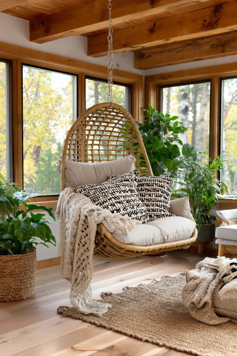 29 Unique Barndominium Interiors For Your Next Makeover 47 hanging swing chair in a light-filled corner for relaxation 1