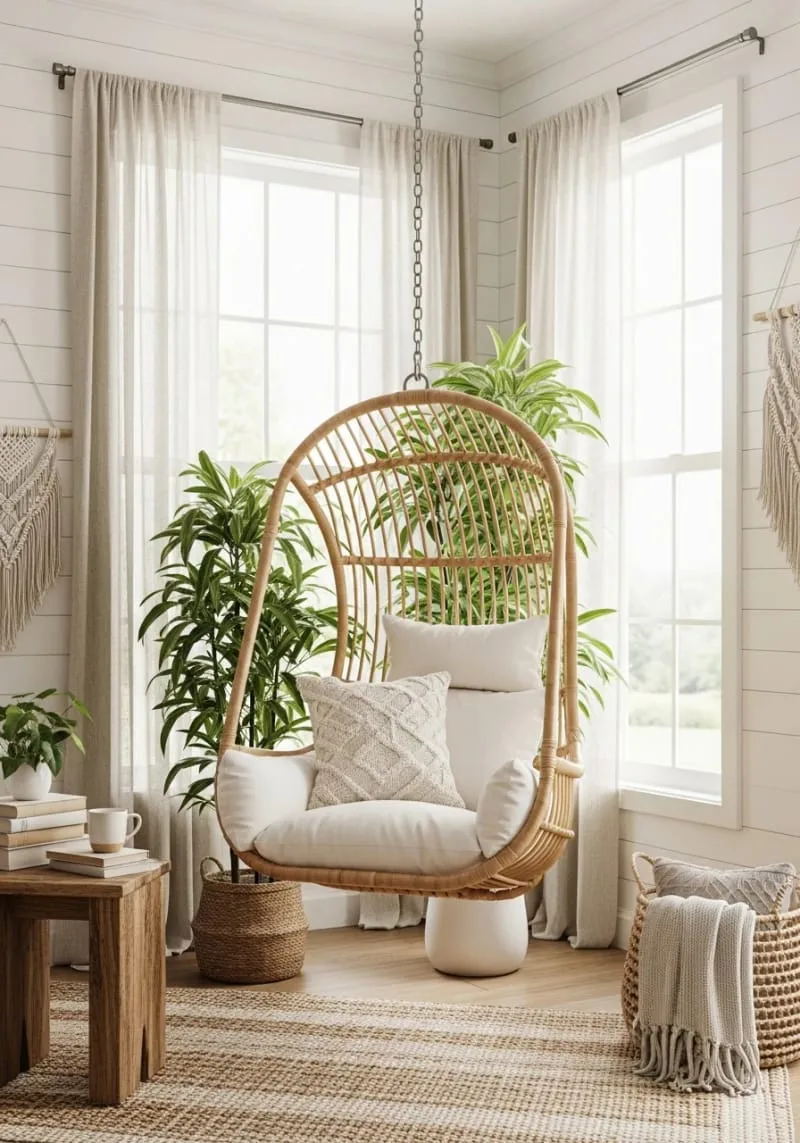 29 Unique Barndominium Interiors For Your Next Makeover 48 hanging swing chair in a light-filled corner for relaxation 1