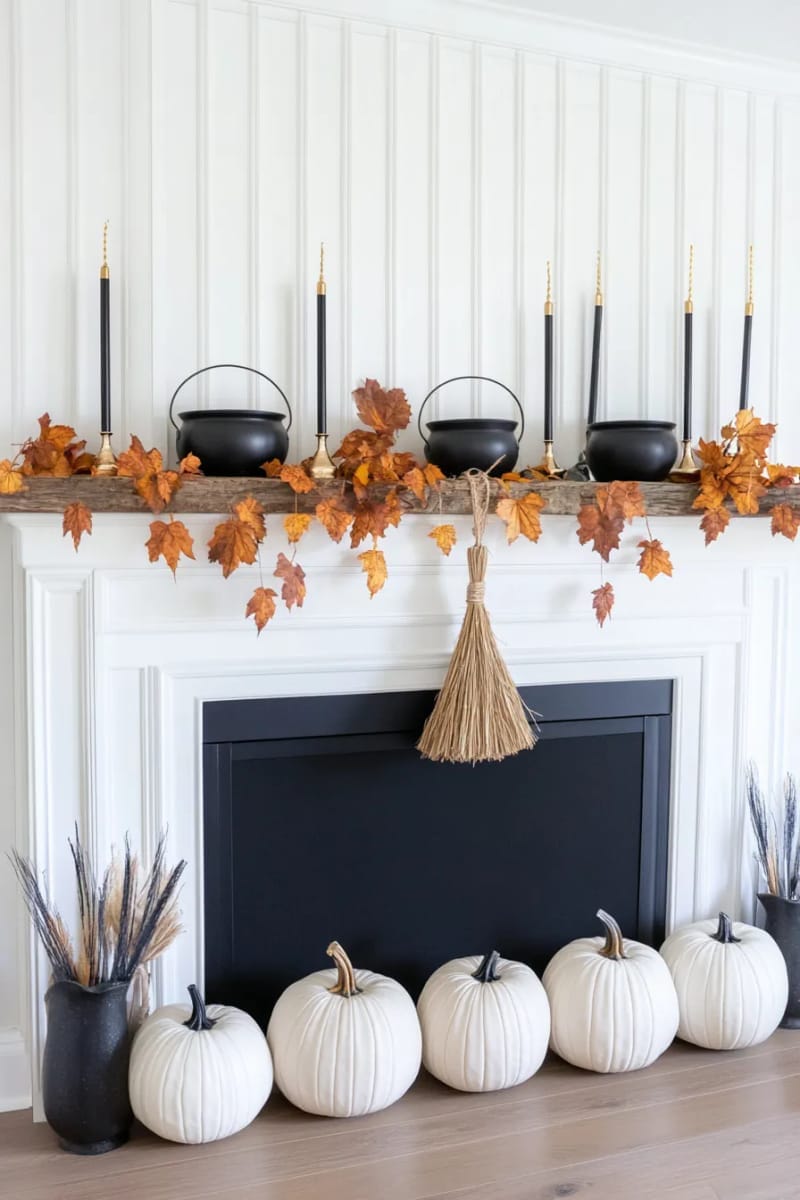 hanging witch broomstick with mini cauldrons and gold-accented pumpkins 1