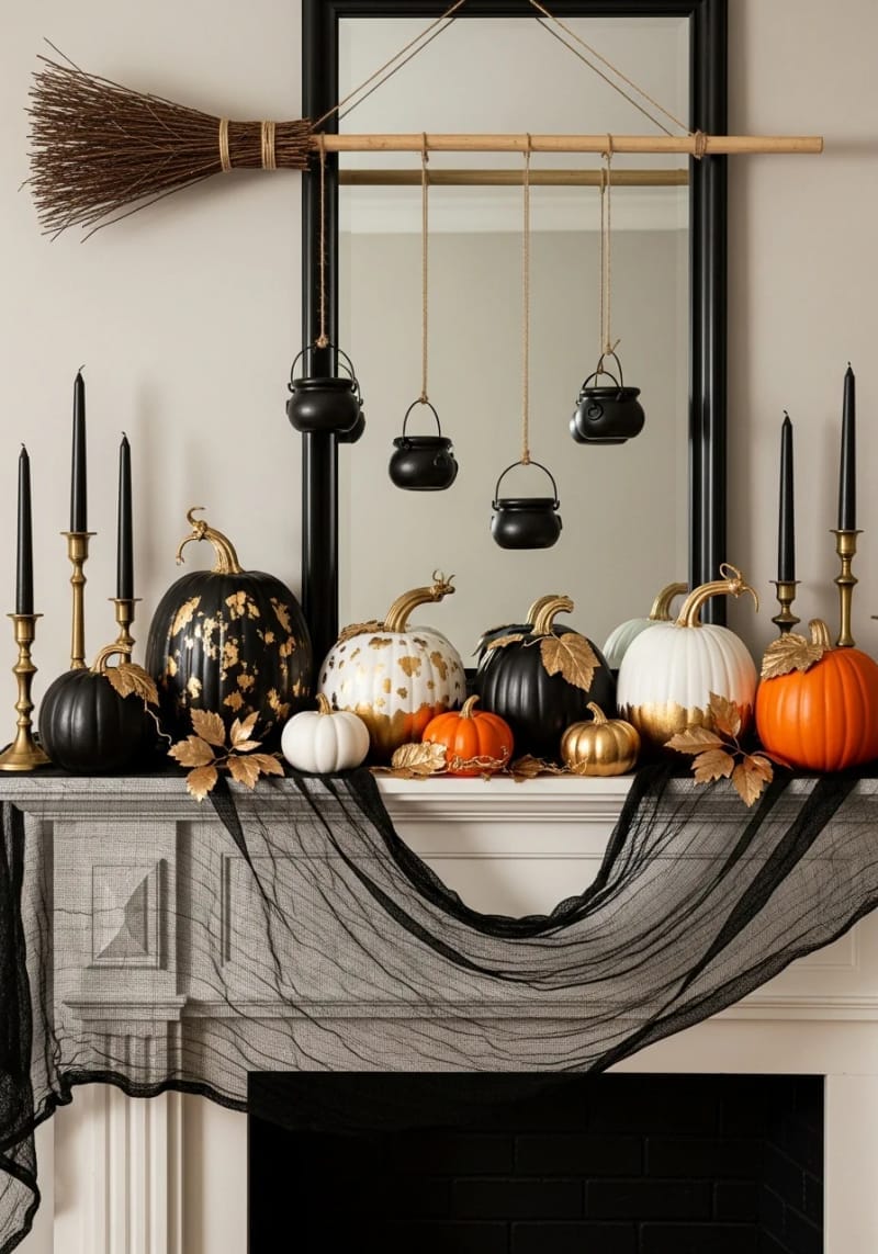 hanging witch broomstick with mini cauldrons and gold-accented pumpkins 1