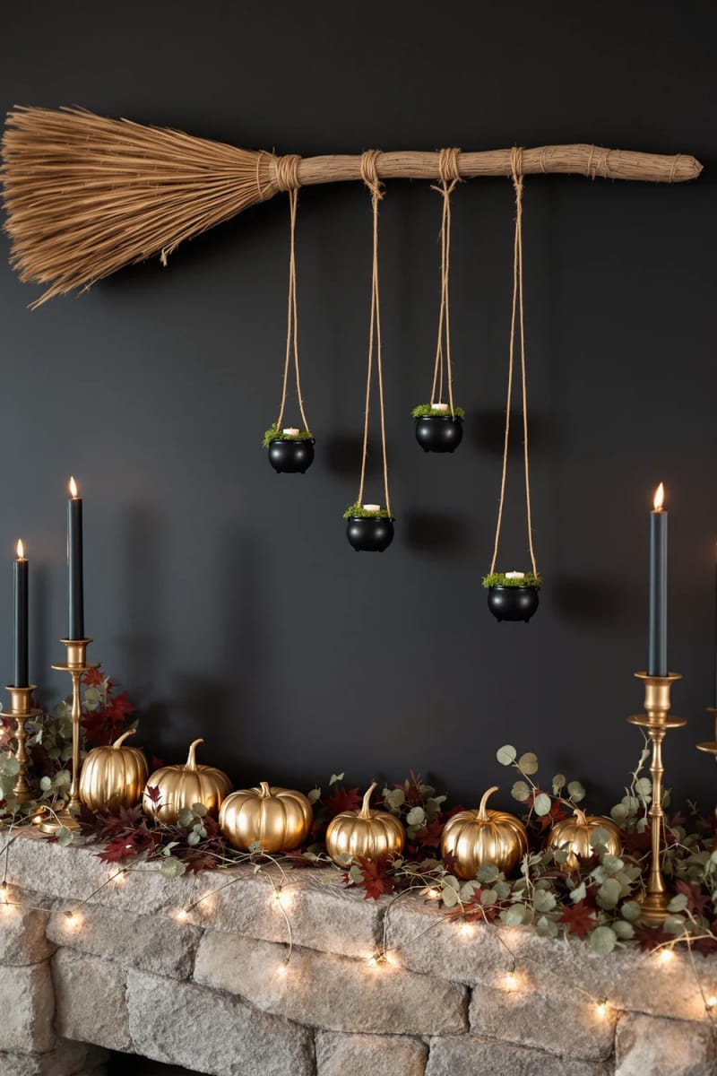 hanging witch broomstick with mini cauldrons and gold-accented pumpkins 1