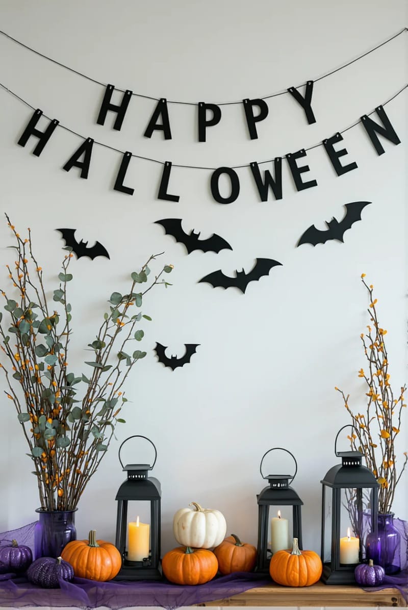 “happy halloween” banner strung above stacked pumpkins and black lanterns 1