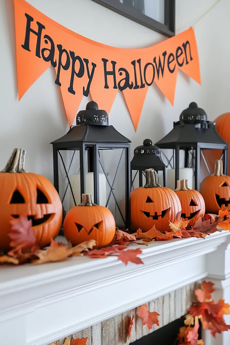 “happy halloween” banner strung above stacked pumpkins and black lanterns 1