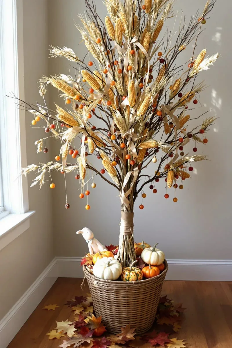 harvest corn cobs and wheat bundles as tree accents 1