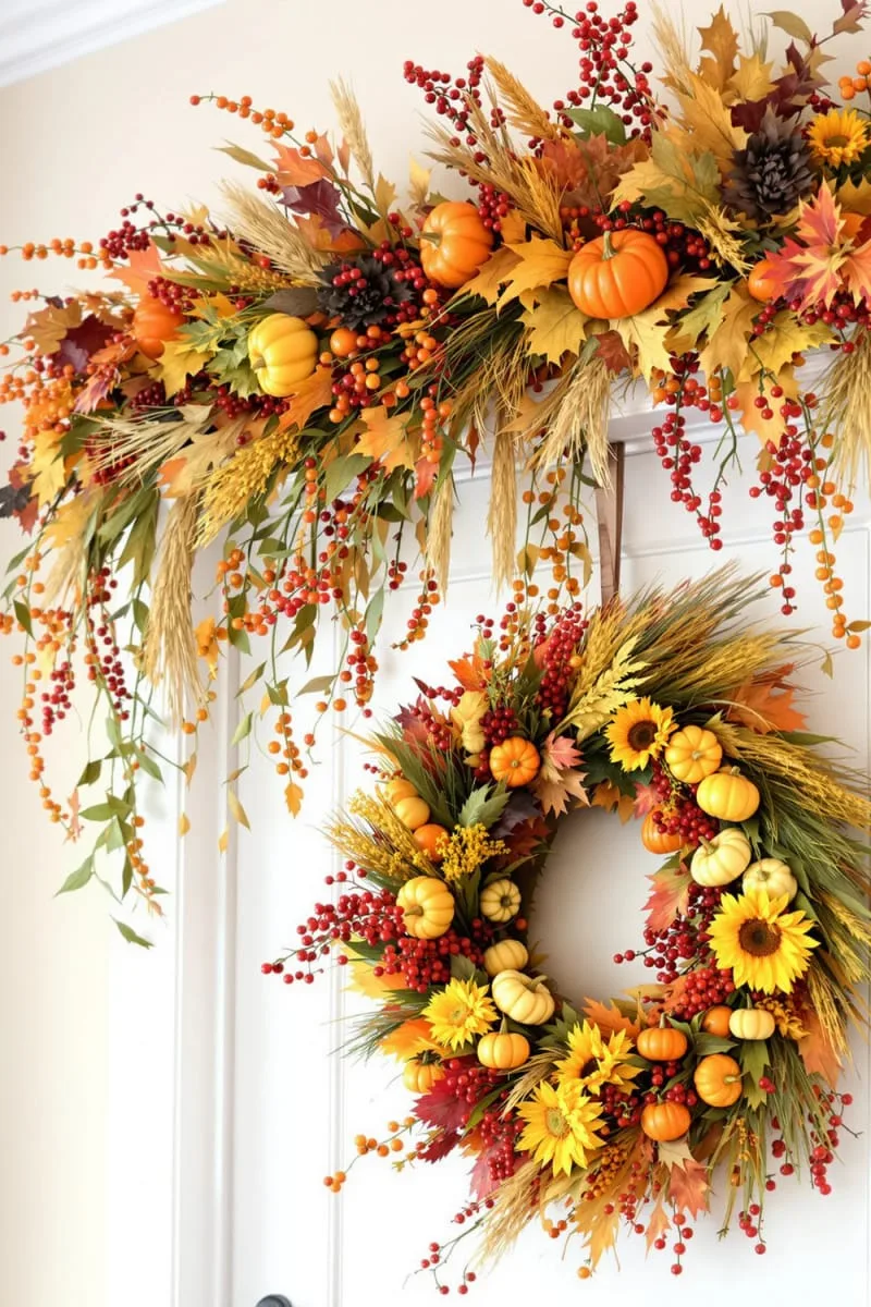 harvest-inspired mantel swag with gourds, berries, and trailing vines 1