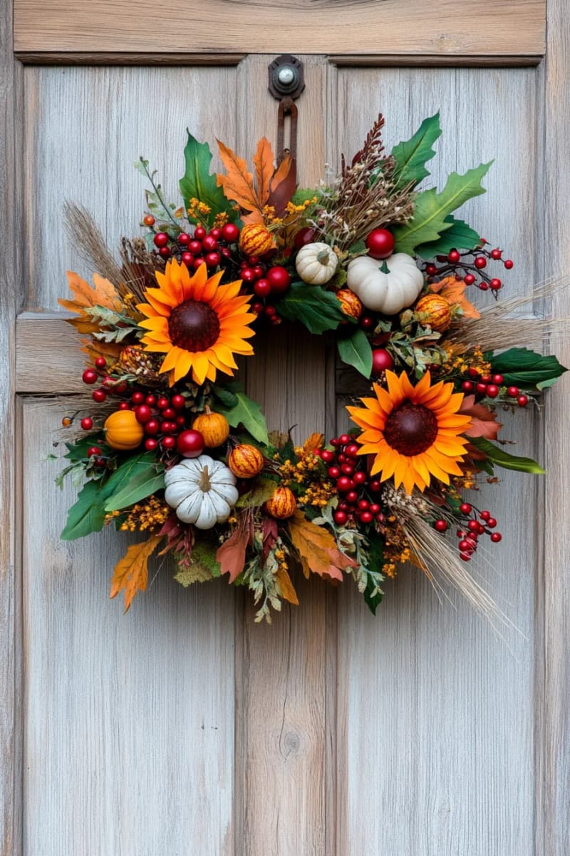 harvest-inspired wreath with sunflowers, cranberries, and faux pumpkins on the door 1