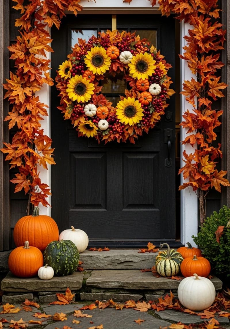 harvest-inspired wreath with sunflowers, cranberries, and faux pumpkins on the door 1