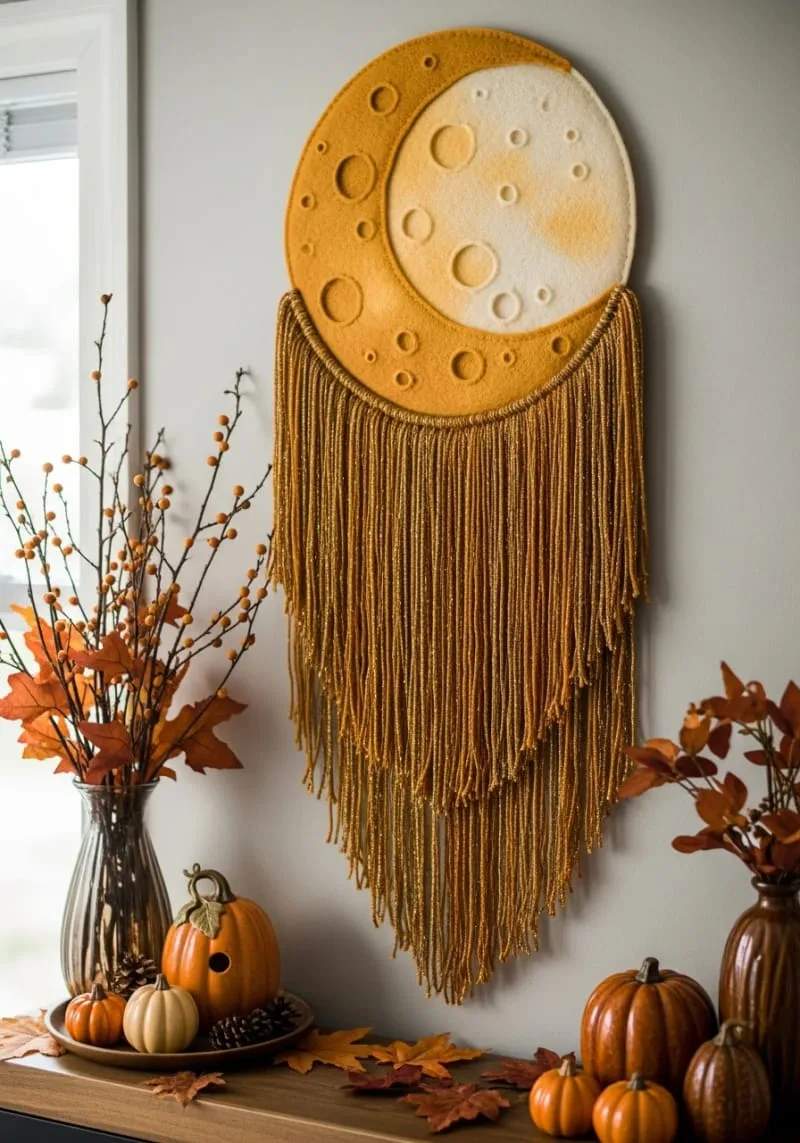 harvest moon wall hanging using metallic yarn and felt 1