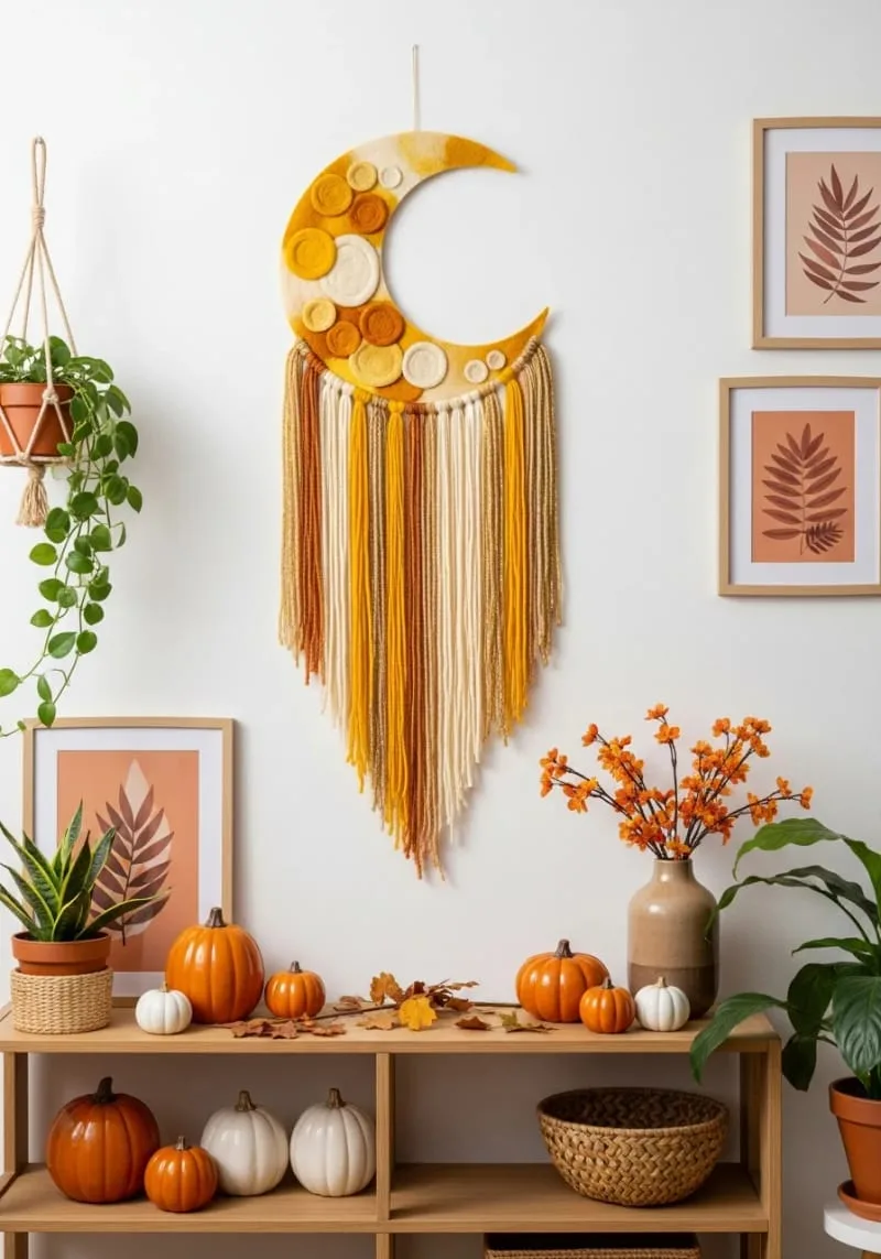 harvest moon wall hanging using metallic yarn and felt 1