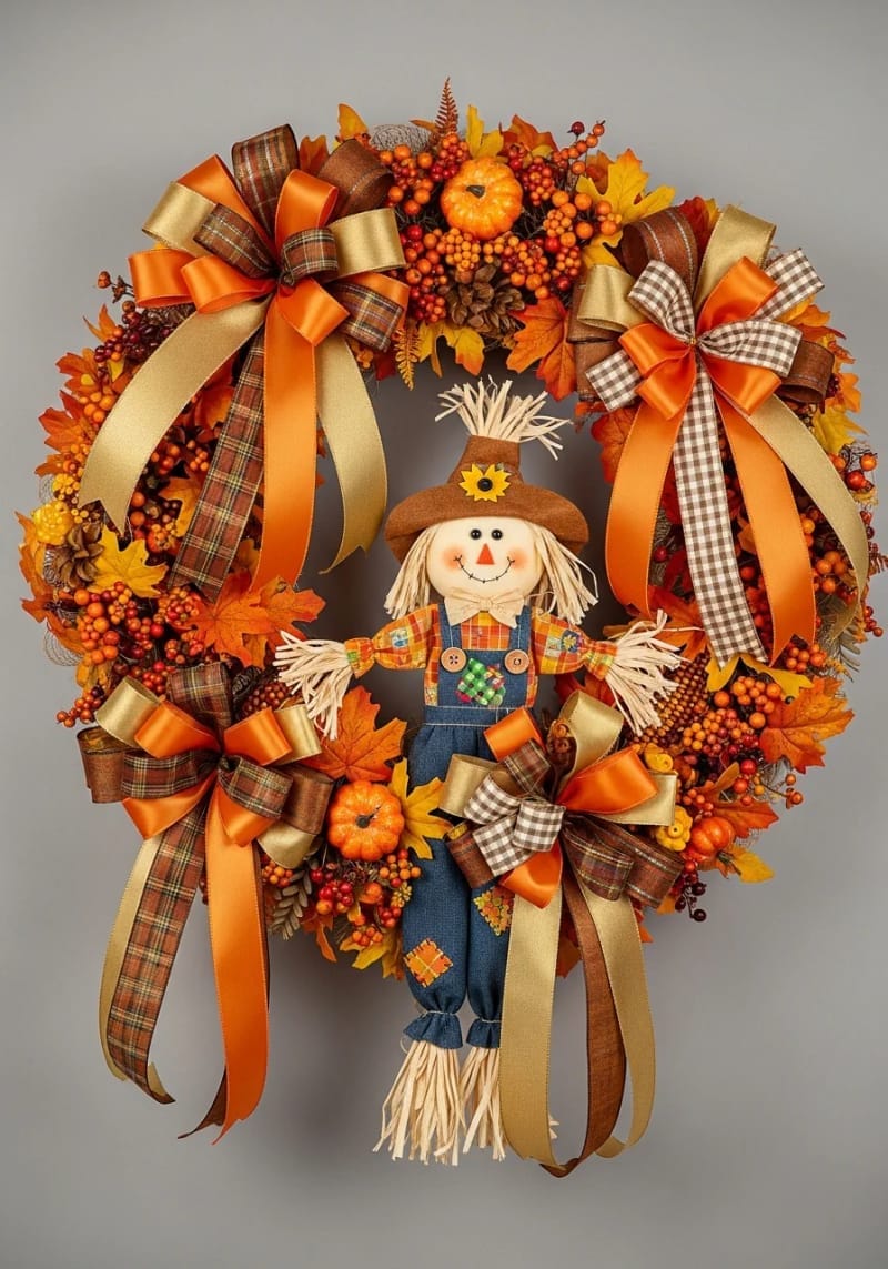 harvest wreath with ribbons and cheerful scarecrow 1
