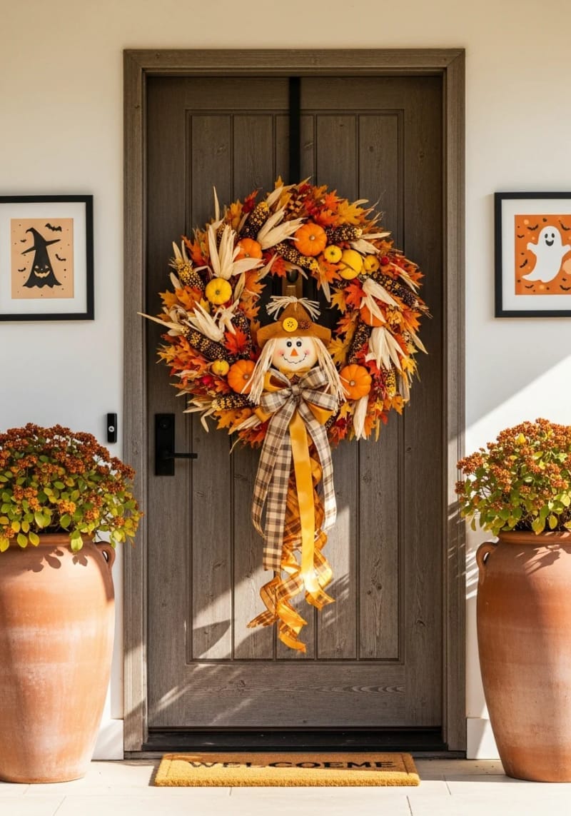 harvest wreath with ribbons and cheerful scarecrow 1