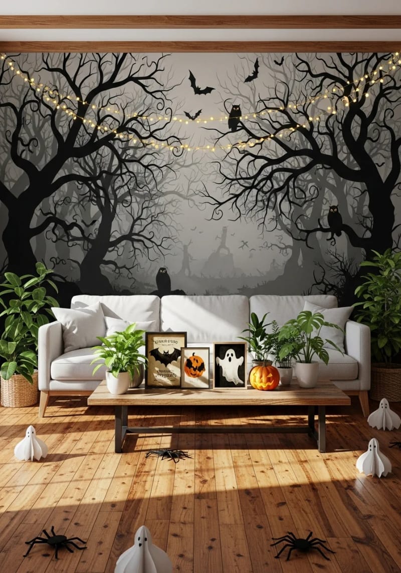 haunted forest mural using removable wall decals and fairy lights 1