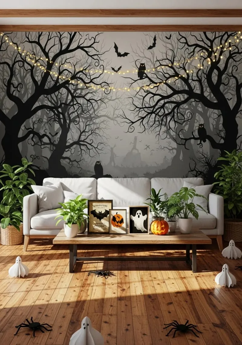haunted forest mural using removable wall decals and fairy lights 1