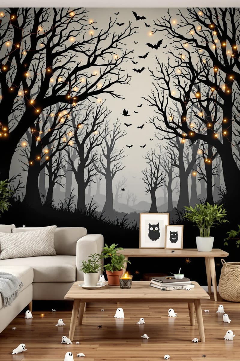 haunted forest mural using removable wall decals and fairy lights 1