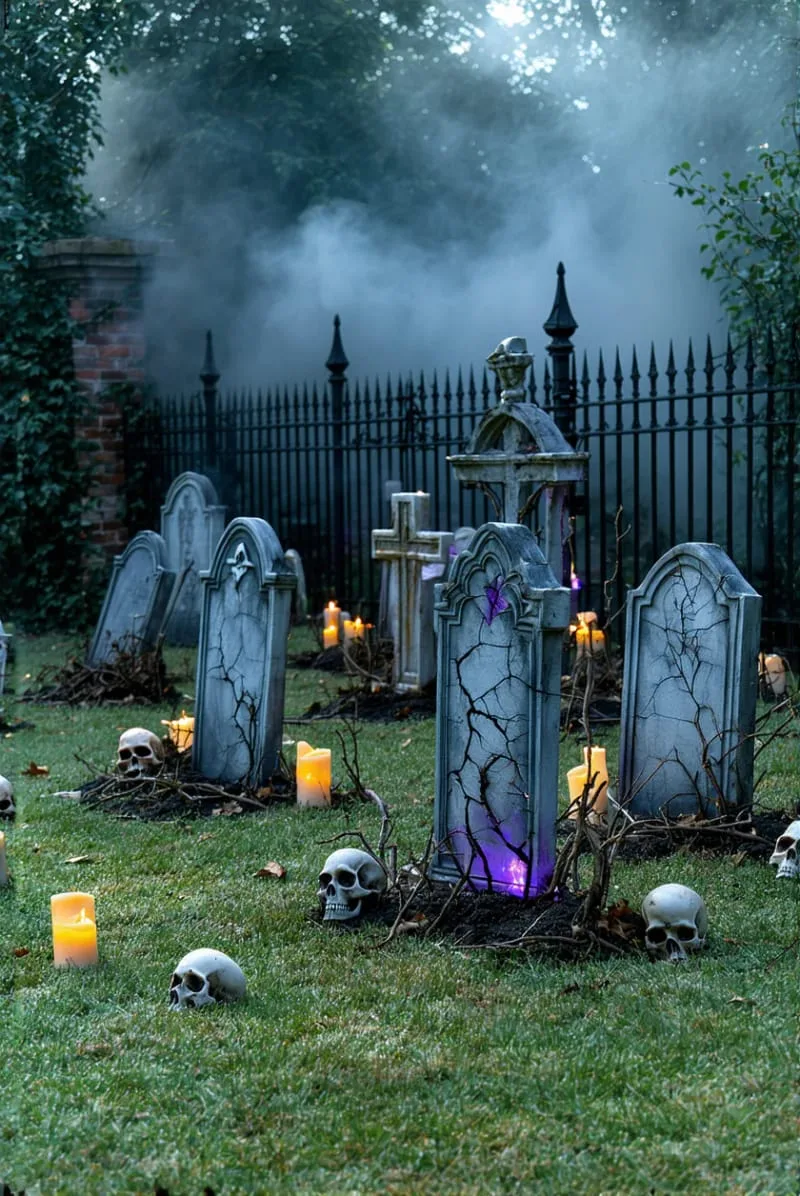 21 Unique Outdoor Halloween Decorations to Try This Year 27 haunted graveyard with handmade tombstones and fog machine mist 1