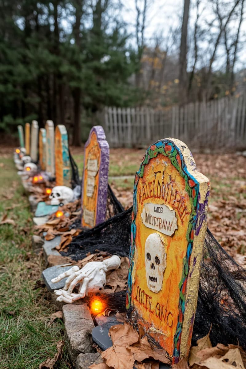 21 Unique Outdoor Halloween Decorations to Try This Year 31 haunted graveyard with handmade tombstones and fog machine mist 1
