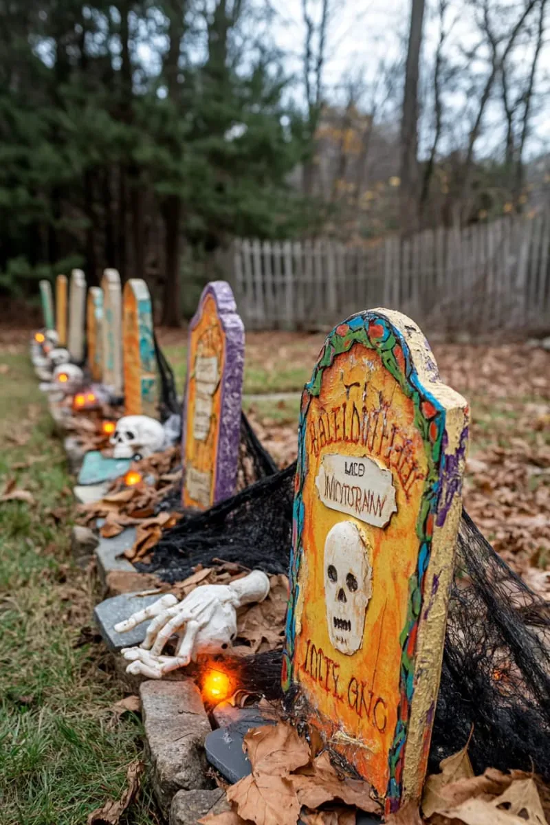 21 Unique Outdoor Halloween Decorations to Try This Year 30 haunted graveyard with handmade tombstones and fog machine mist 1