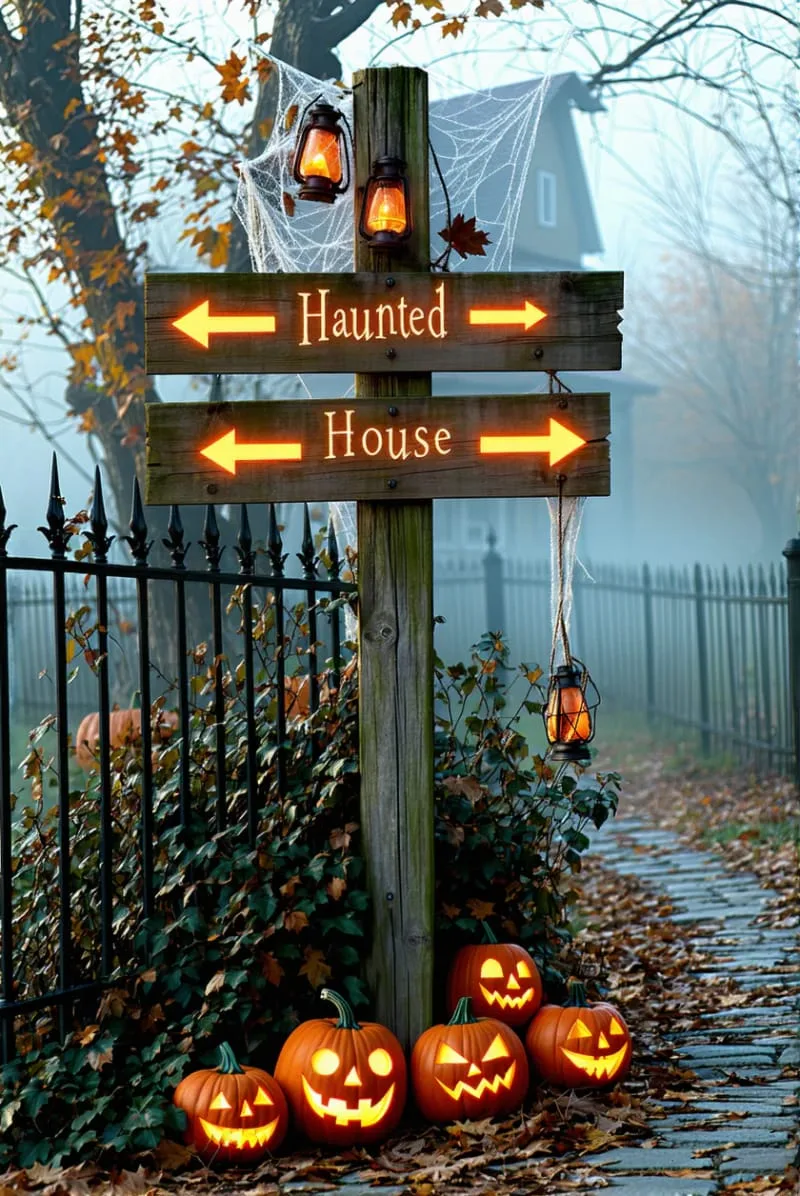21 Unique Outdoor Halloween Decorations to Try This Year 92 haunted house signpost surrounded by jack-o’-lanterns 1