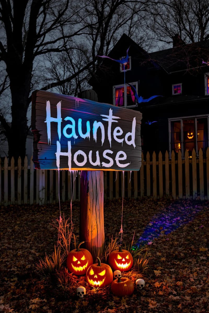 21 Unique Outdoor Halloween Decorations to Try This Year 94 haunted house signpost surrounded by jack-o’-lanterns 1