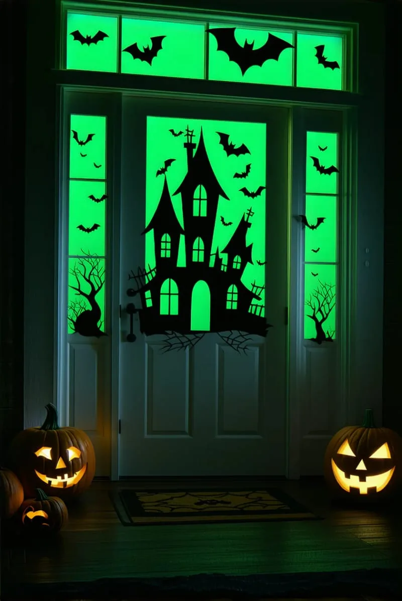 21 Creative Halloween Door Decorations: Ideas for a Festive Welcome 87 haunted house silhouette cut-outs backlit by eerie green light 1