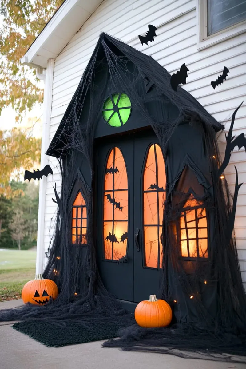21 Creative Halloween Door Decorations: Ideas for a Festive Welcome 88 haunted house silhouette cut-outs backlit by eerie green light 1