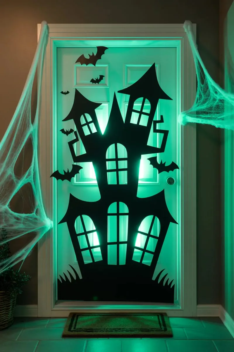 21 Creative Halloween Door Decorations: Ideas for a Festive Welcome 89 haunted house silhouette cut-outs backlit by eerie green light 1