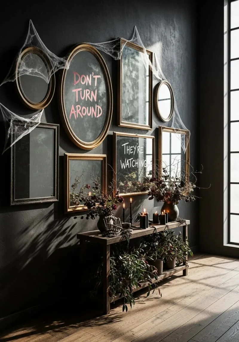 haunted mirror wall with creepy handwritten messages 1