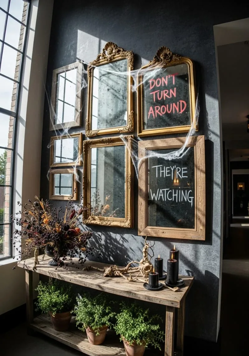 haunted mirror wall with creepy handwritten messages 1