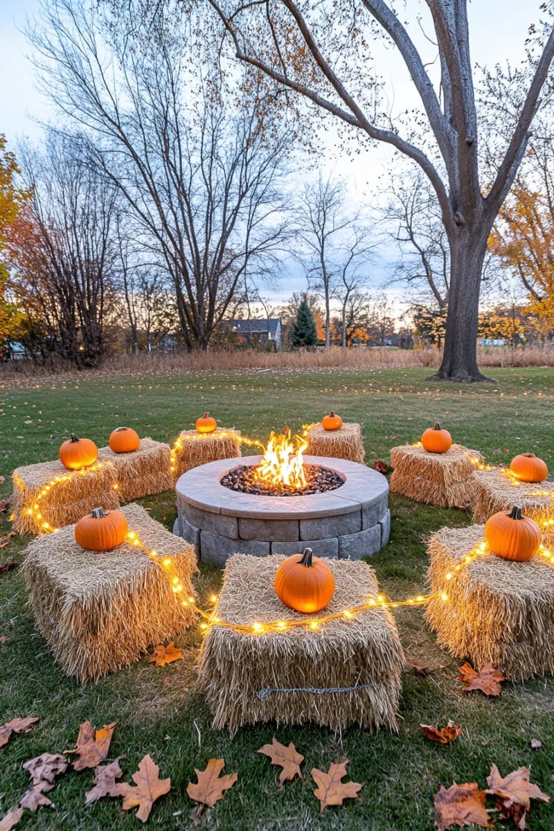 21 Unique Outdoor Halloween Decorations to Try This Year 11 hay bale seating circle with faux fire pit and orange string lights 1