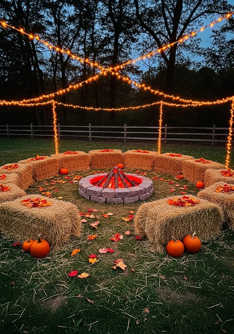 21 Unique Outdoor Halloween Decorations to Try This Year 13 hay bale seating circle with faux fire pit and orange string lights 1