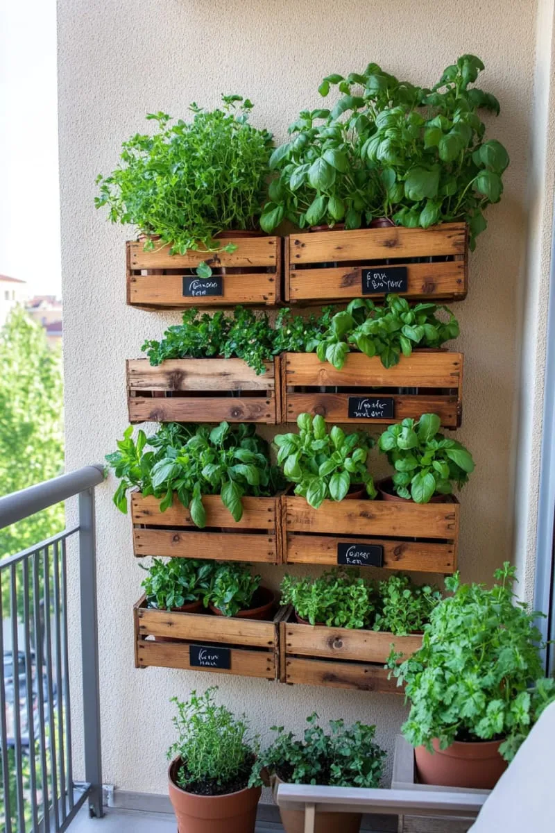 herb garden wall using recycled wooden crates 1
