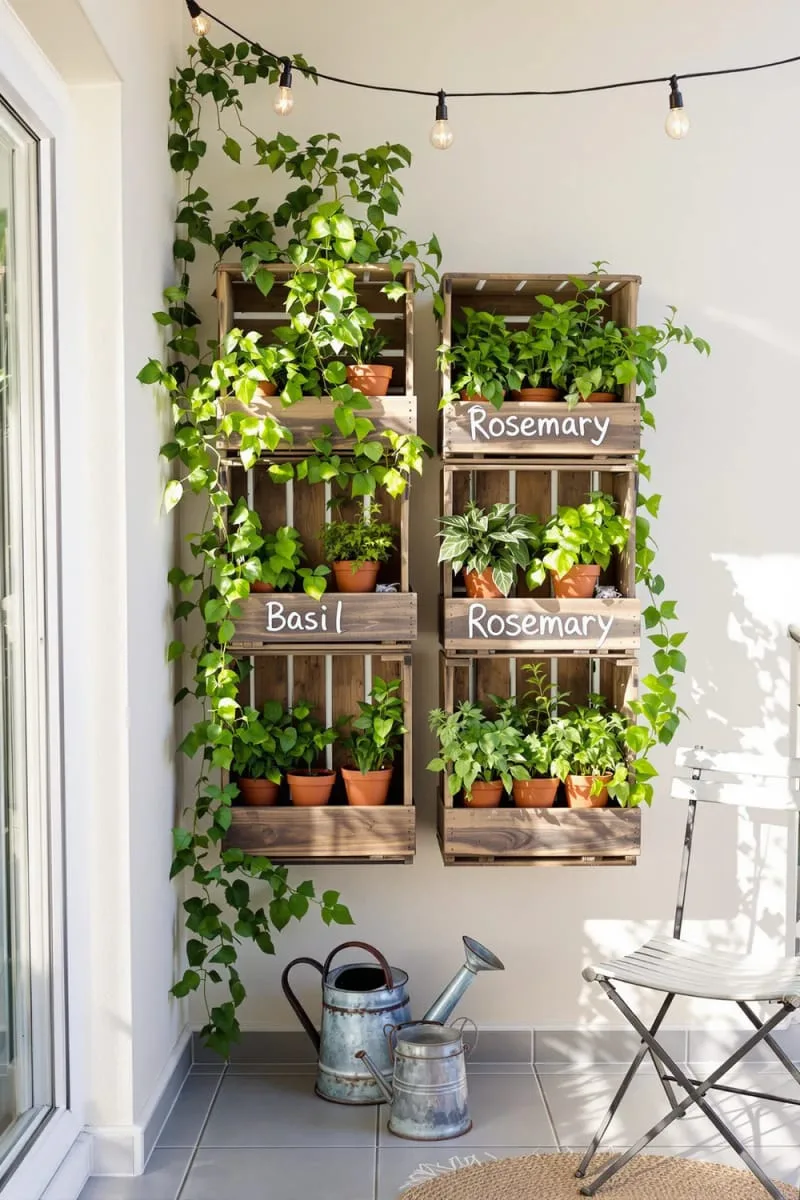 herb garden wall using recycled wooden crates 1